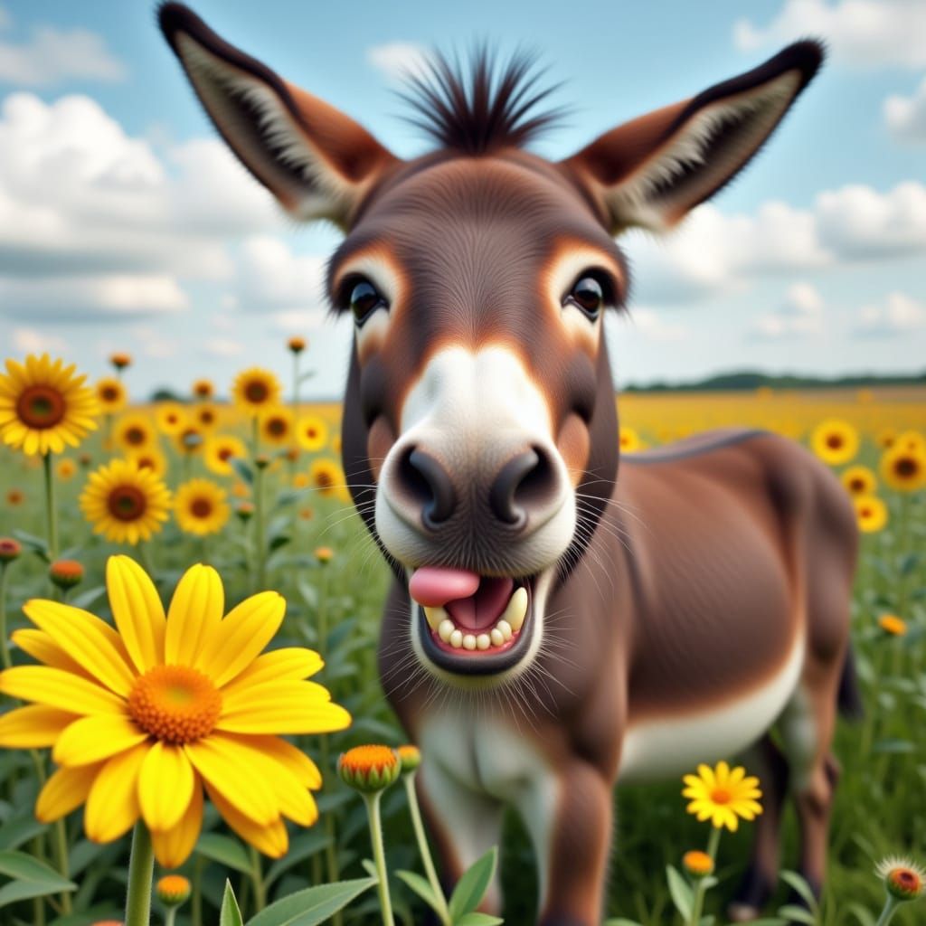 Cute Female Donkey with Flirtatious Smile in a Field