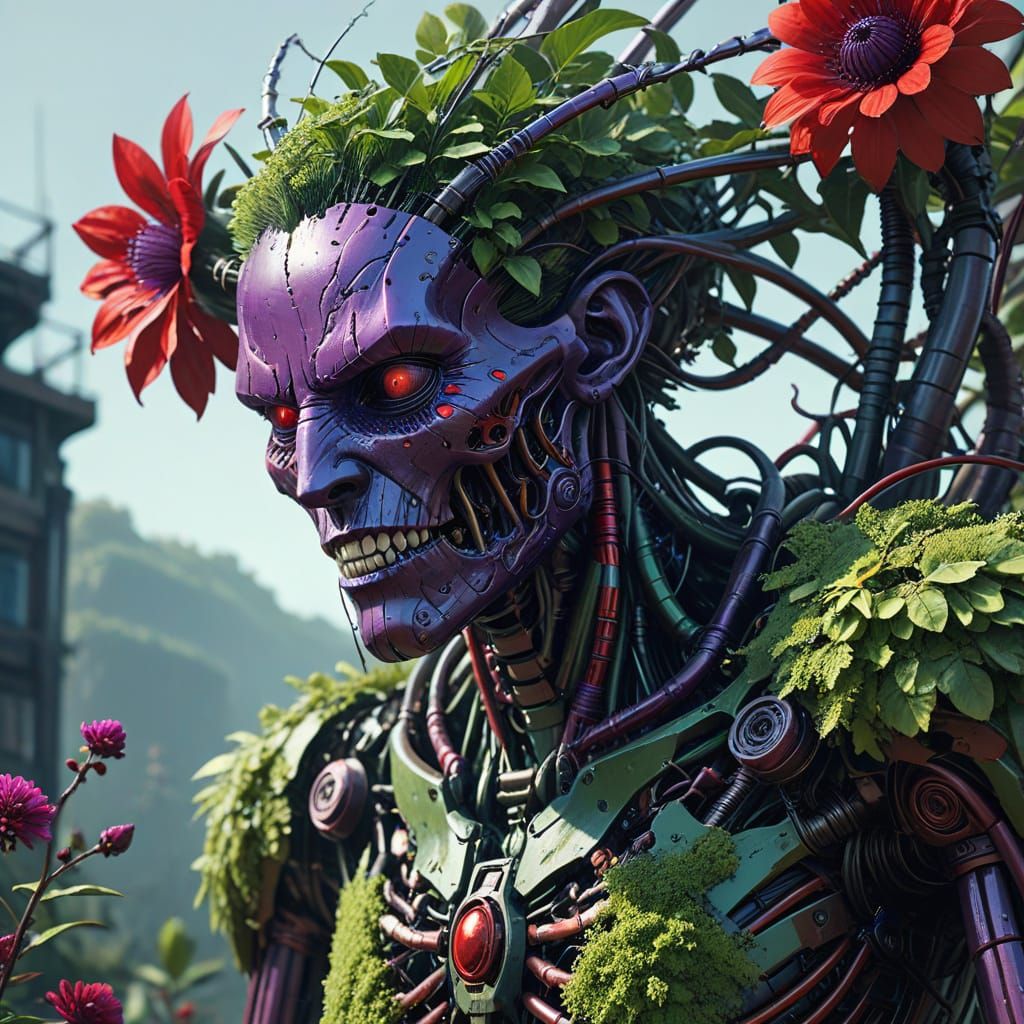 Biomechanical Garden Blooms in Cyberpunk Style