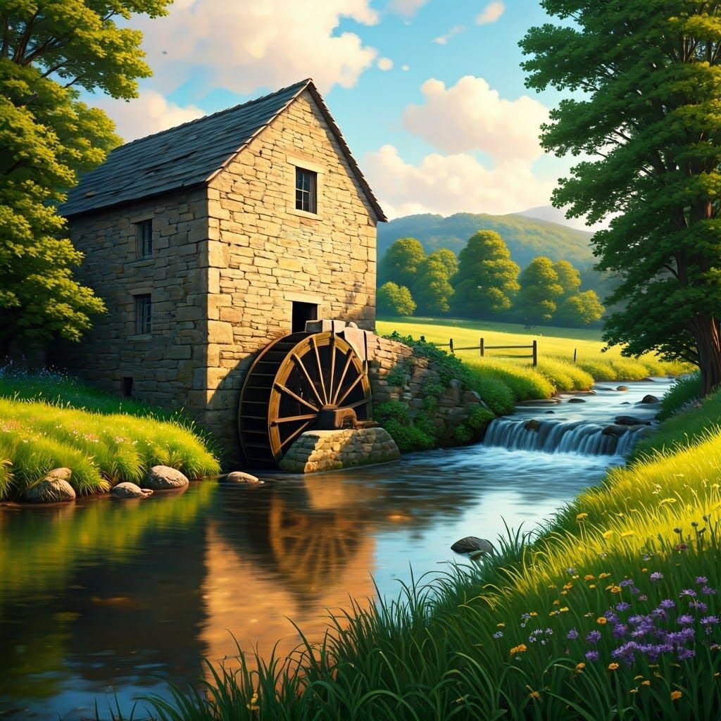 Rustic Stone Waterhouse in a Serene Countryside Landscape
