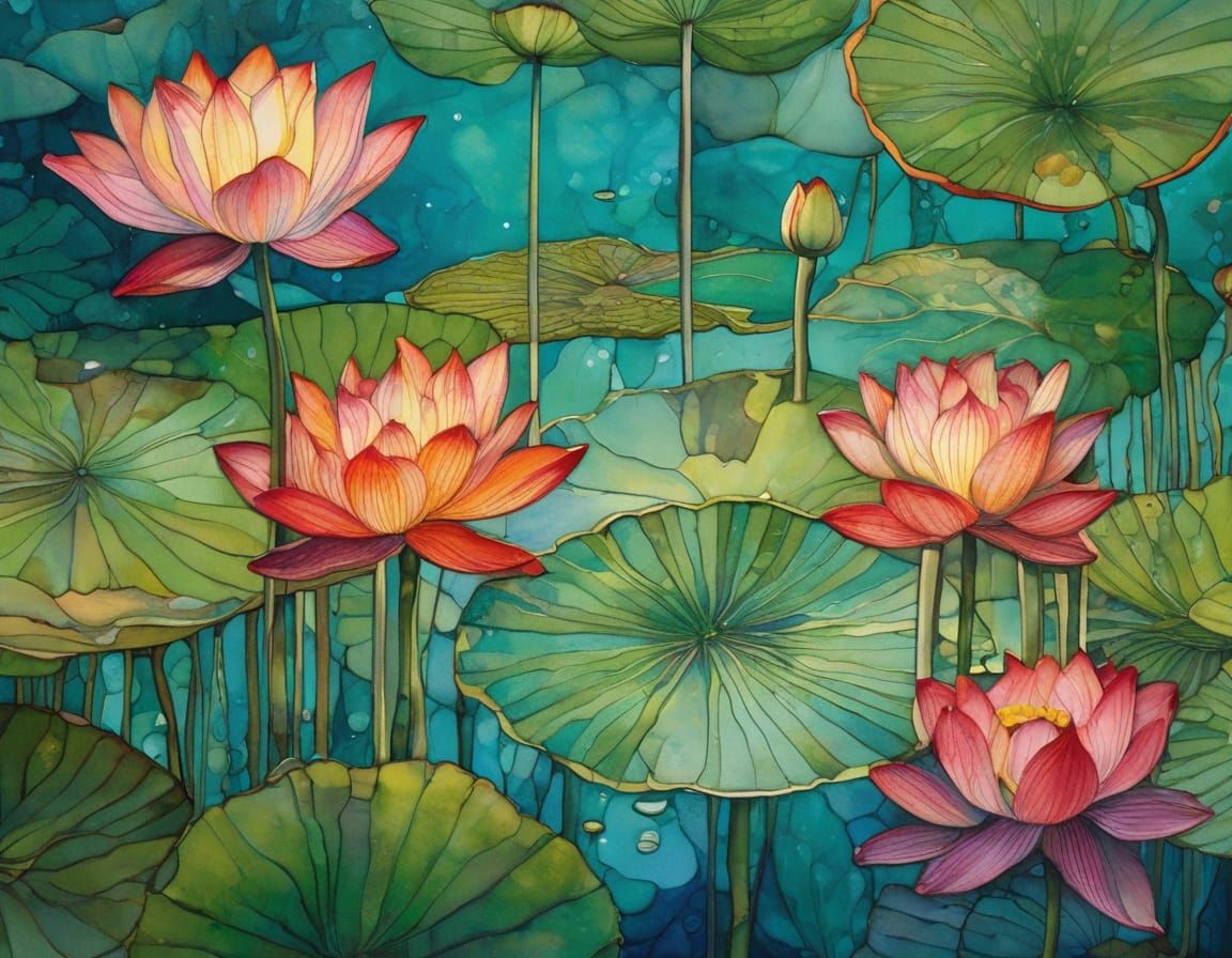 Luminous Multicoloured Lotus Flower in Summer Pond