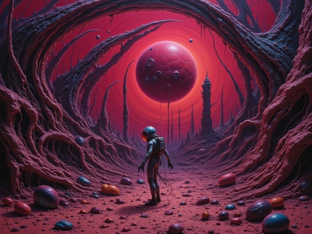 Astronaut on Crimson Planet in Surrealist Style