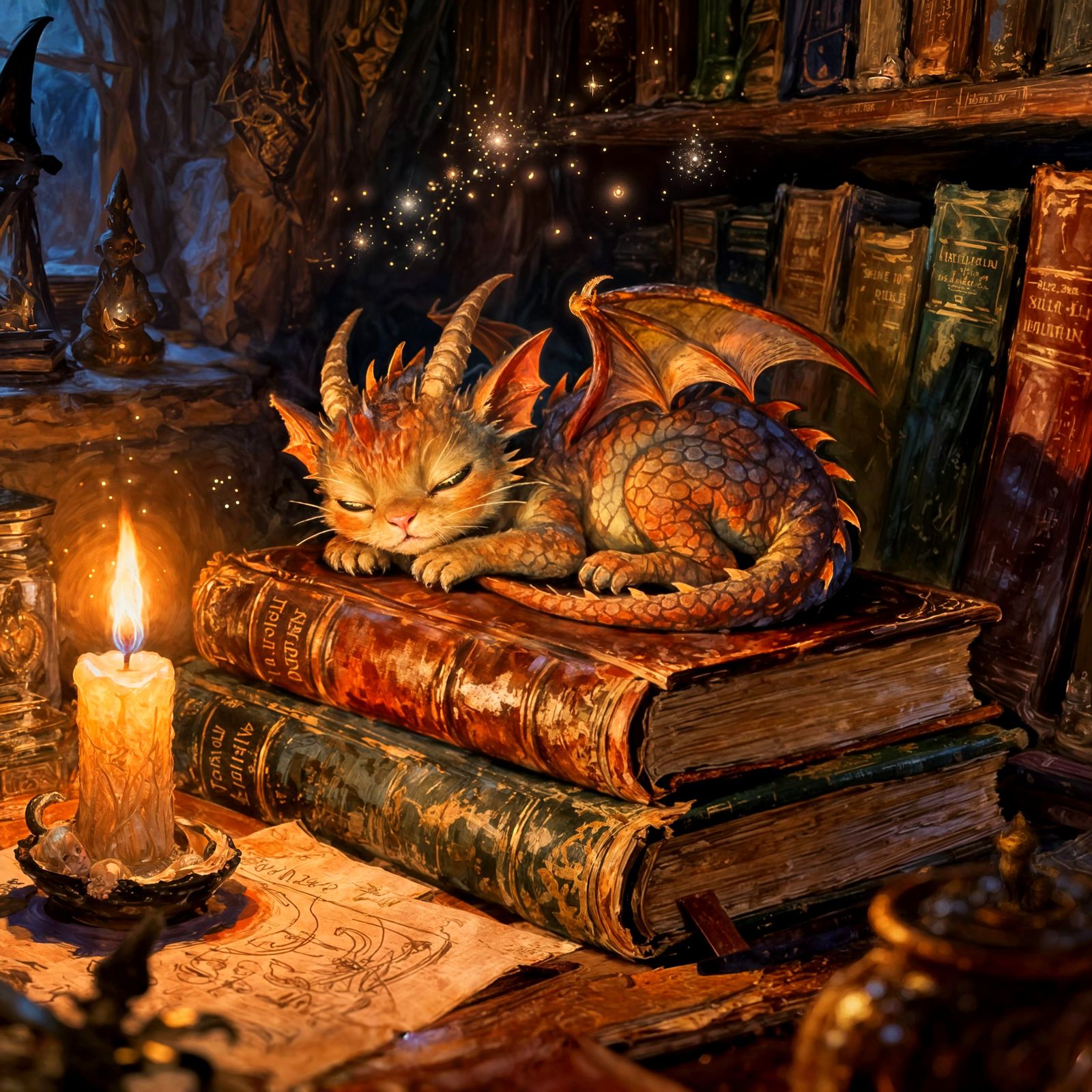 Adorable Baby Dragon-Kitten in Cozy Study