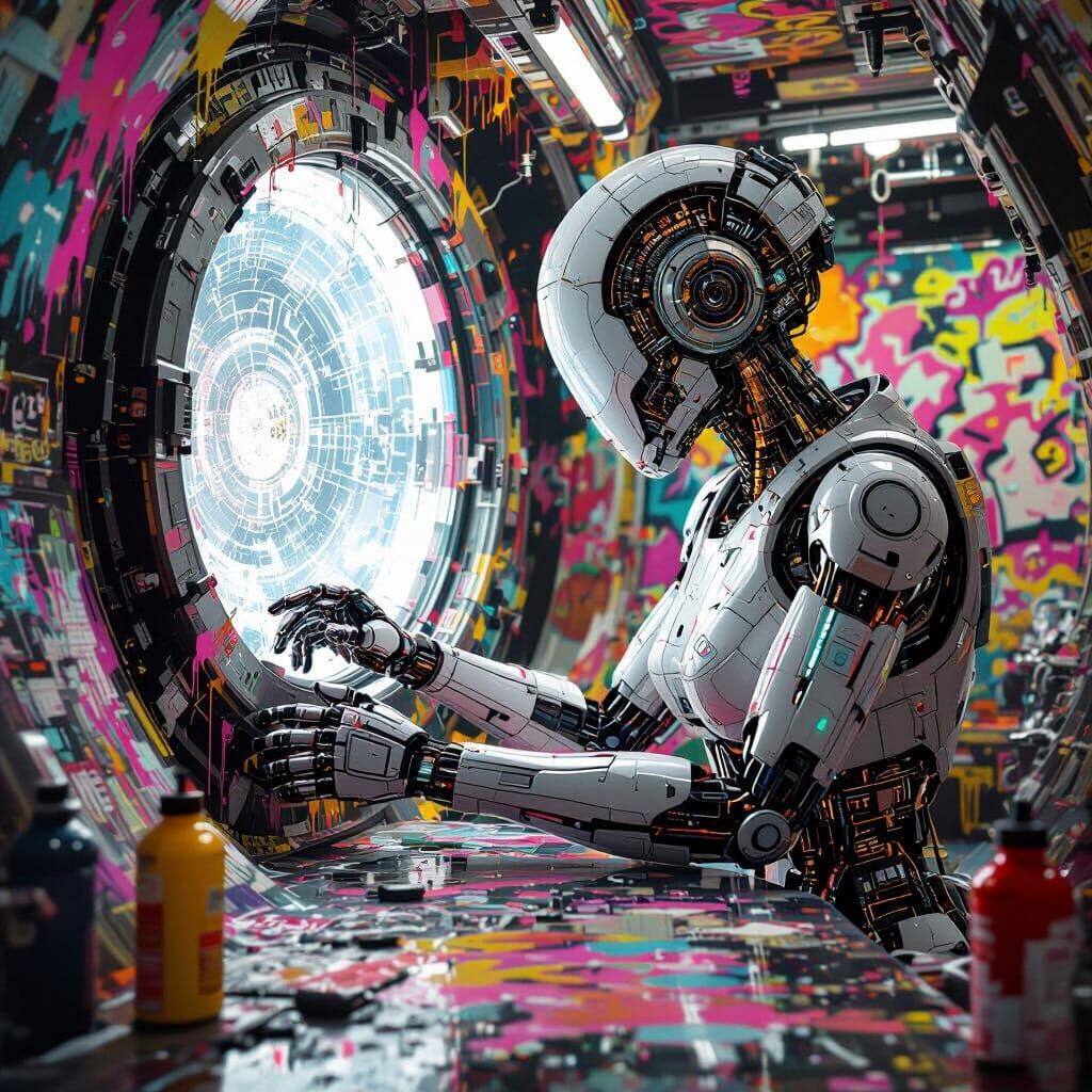 Robot Working on Spaceship Interior in Street Art Style