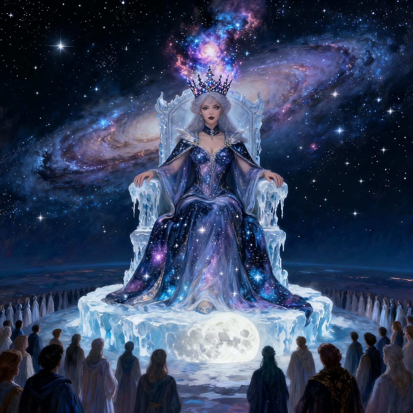 Celestial Queen on Moonlight Throne Overlooking Galaxy