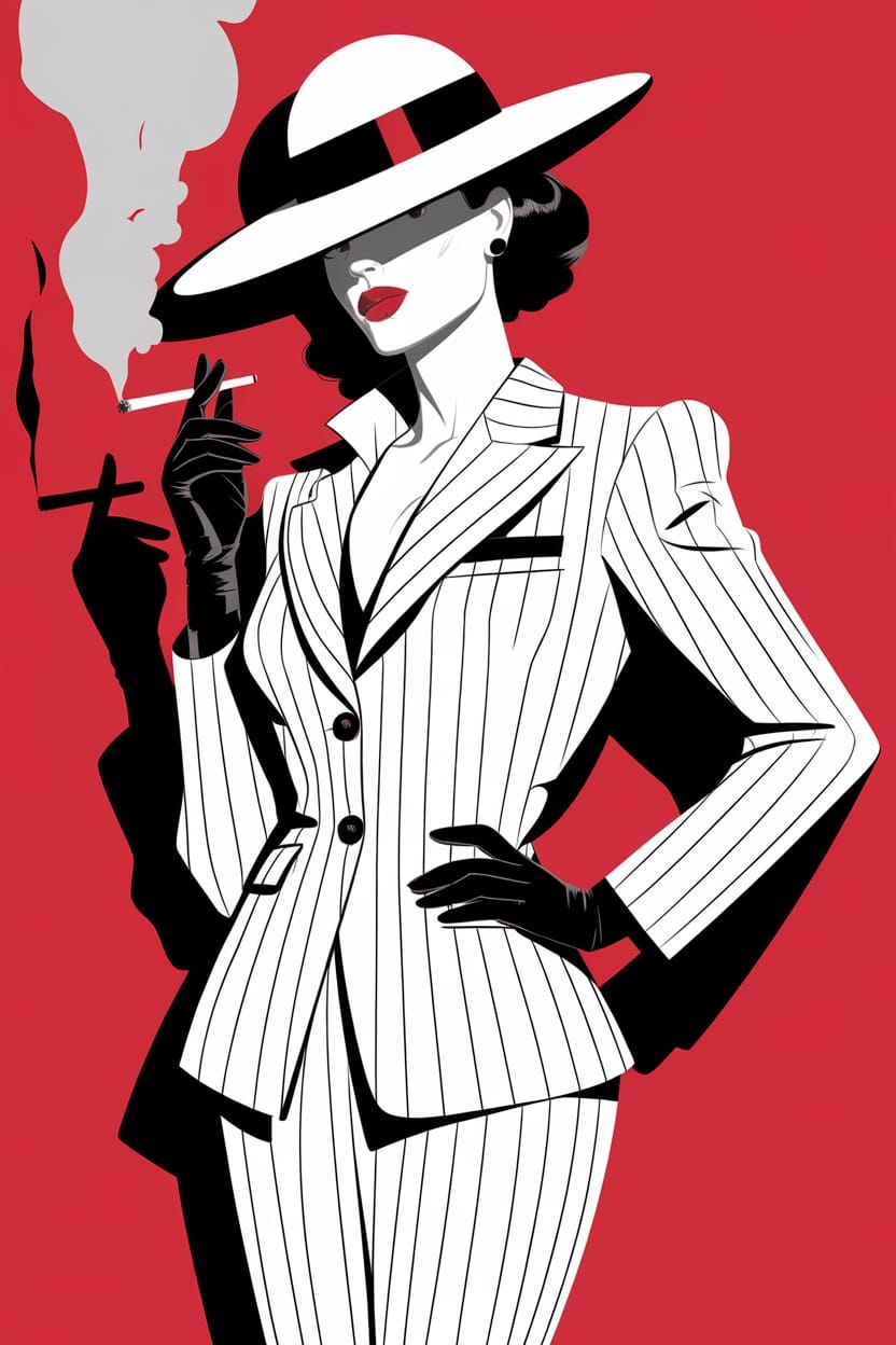 Noir Woman in White Suit with Red Background
