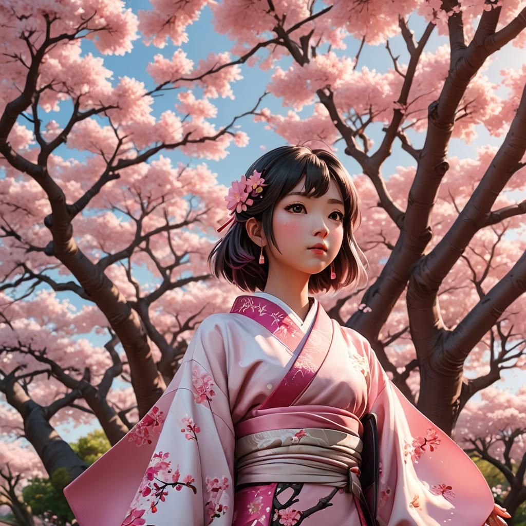 Girl in Kimono Amidst Pink Blossoms: 3D Anime Art