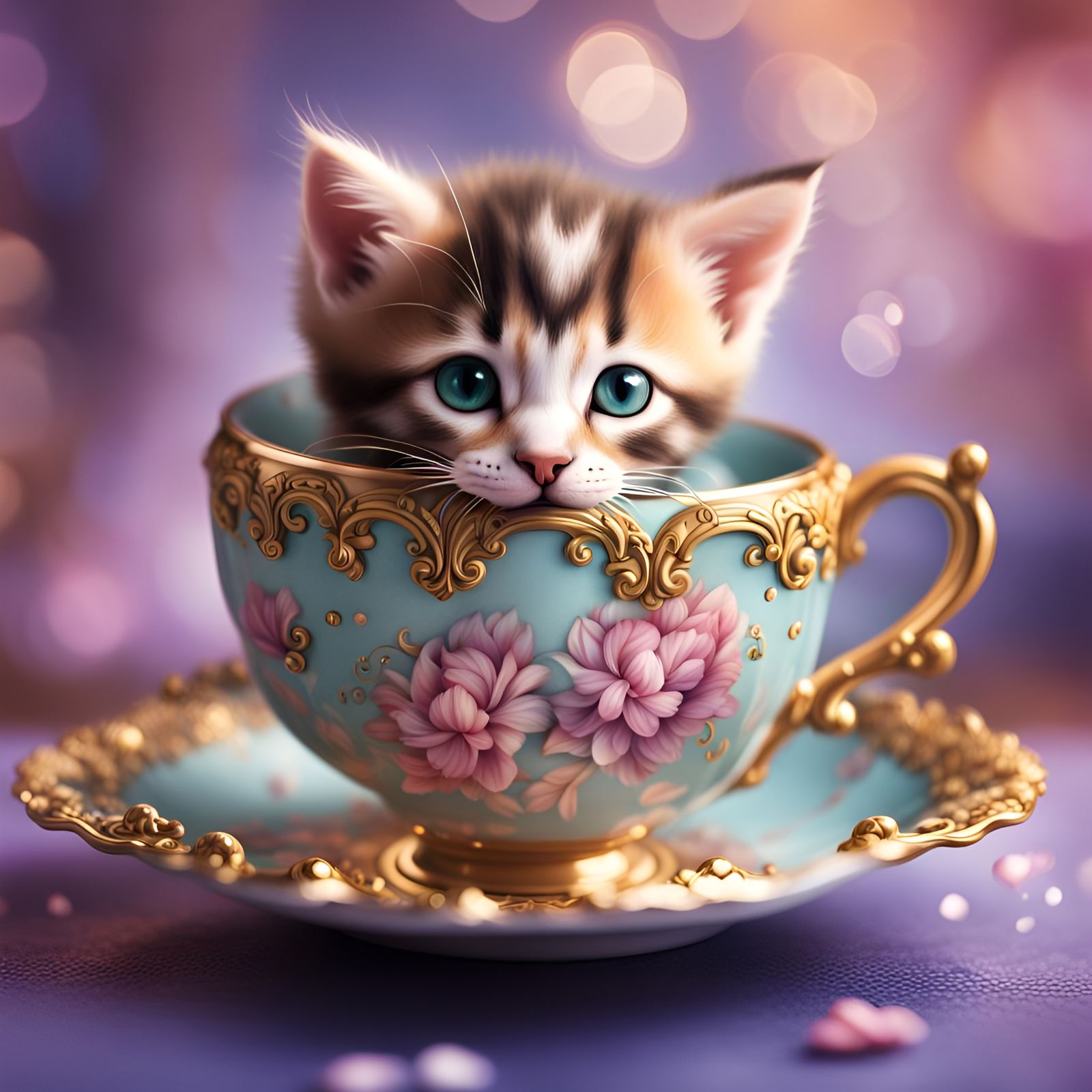 Cute Kitten in Teacup: Hyperrealistic Splash Art