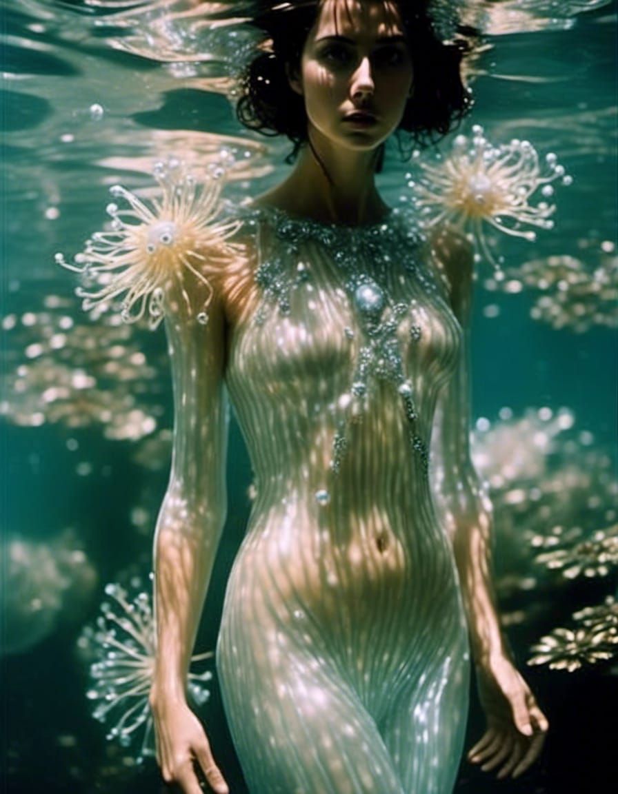 <lora:Lyra:1.0> Translucent Female water fae Cnidaria, perfect delucate female hands, bioluminescence, pale, striate ski...