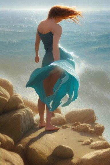 Coastal Woman in Divine Sunshine: Oil Painting