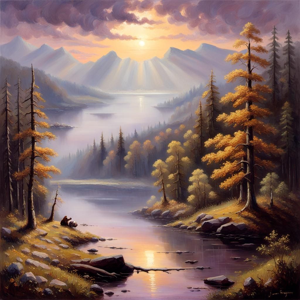 Mole in Forested Valley at Sunrise: Oil Painting