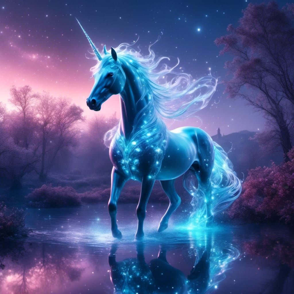 Glowing Translucent Unicorn in Bioluminescent Starry Lake