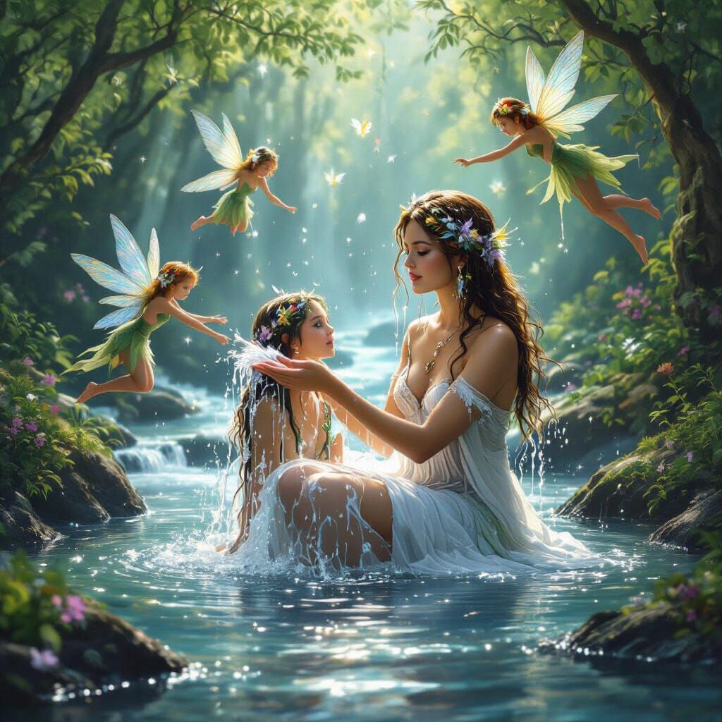 Goddess Bathed by Fairies in a Stream