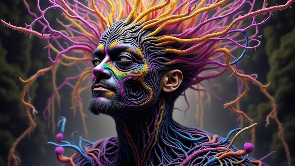 Biomechanical Android Man in Spiderwebs, Dark Fantasy