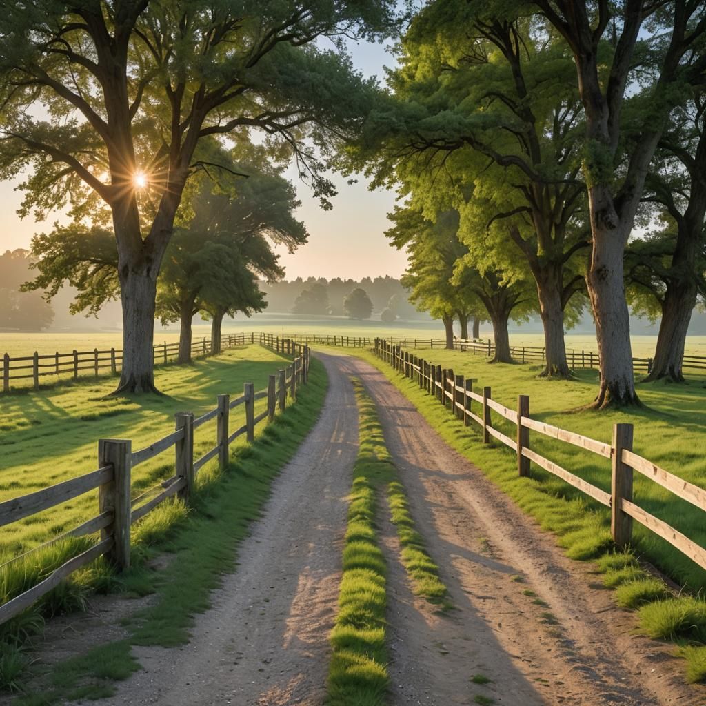 Sunrise Over Green Pasture With Gravel Path