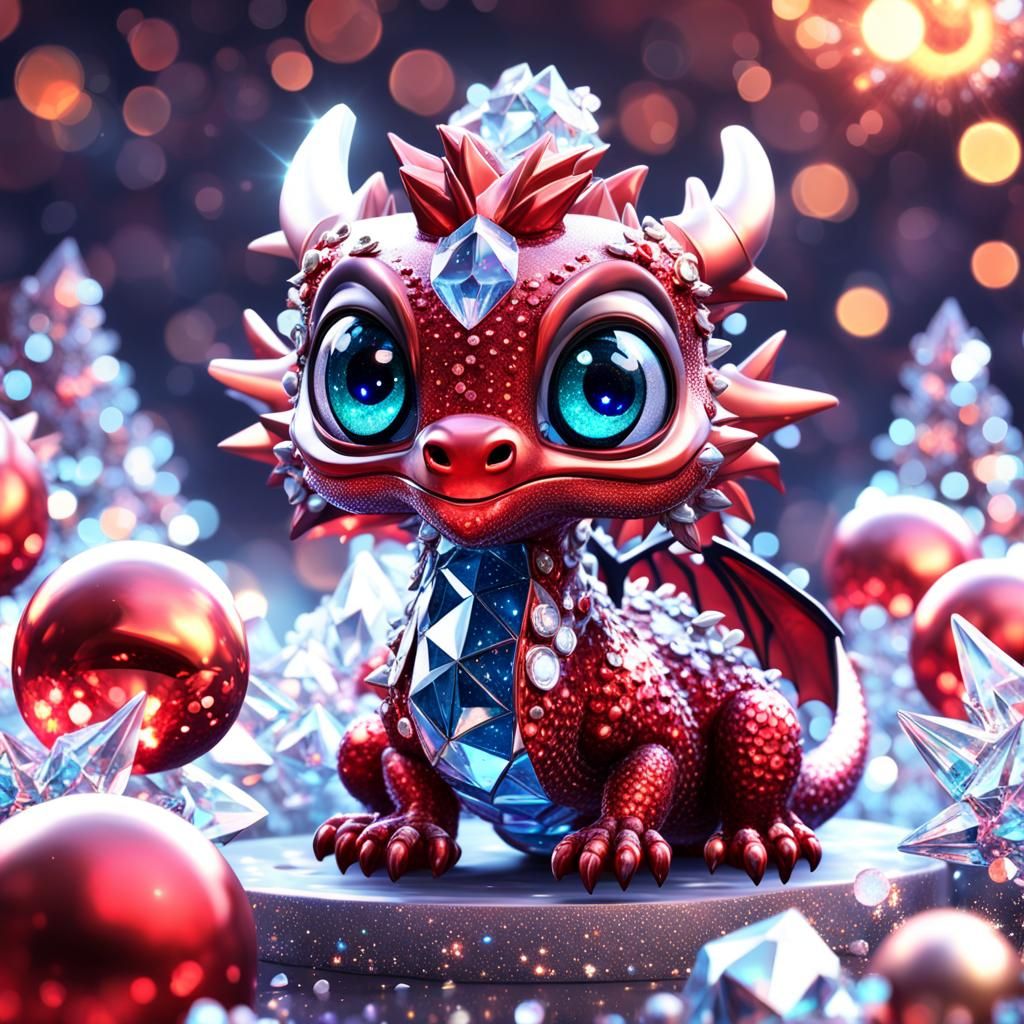 Cute Crystal-Eyed Christmas Dragon in 3D Digital Art