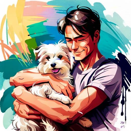 Happy Man Hugging Puppy: Digital Art Portrait