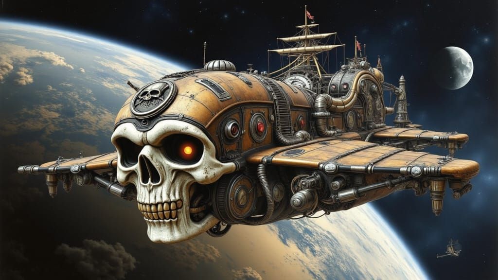 Steampunk Pirate Ship in Sky, Fantasy Concept Art