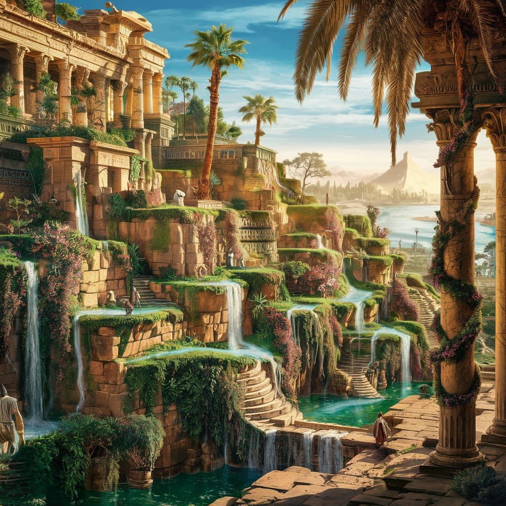 Ancient Babylon's Majestic Hanging Gardens in Classical Styl...