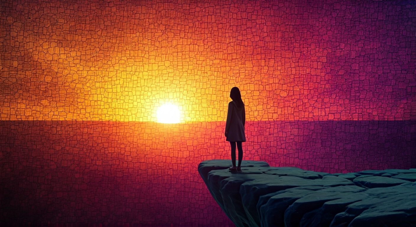 Woman Gazes at Vibrant Mosaic Sunrise on Cliff's Edge