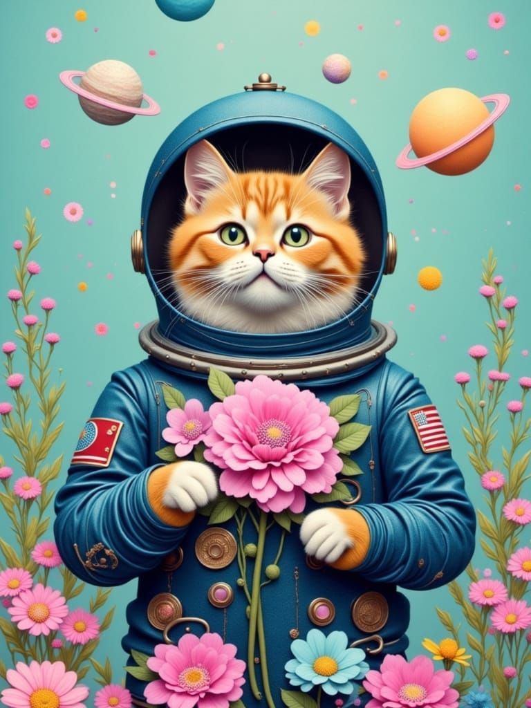 Ginger Tabby Cat in Vintage Astronaut Suit Among Pastel Plan...
