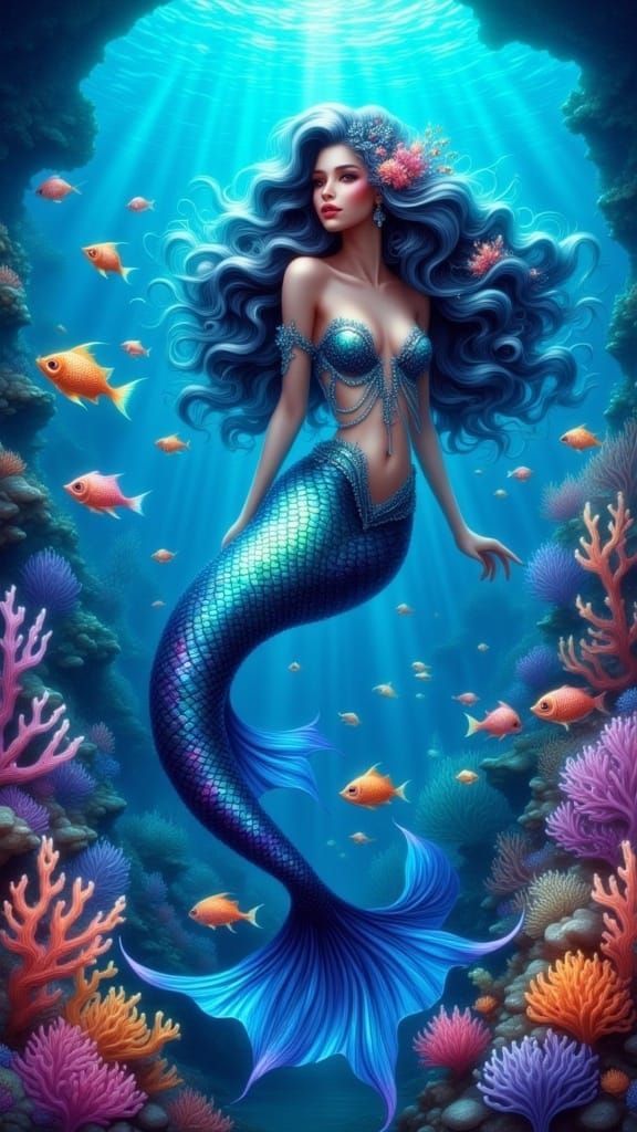 Mermaid Goddess in Enchanting Luminescent Coral Reef