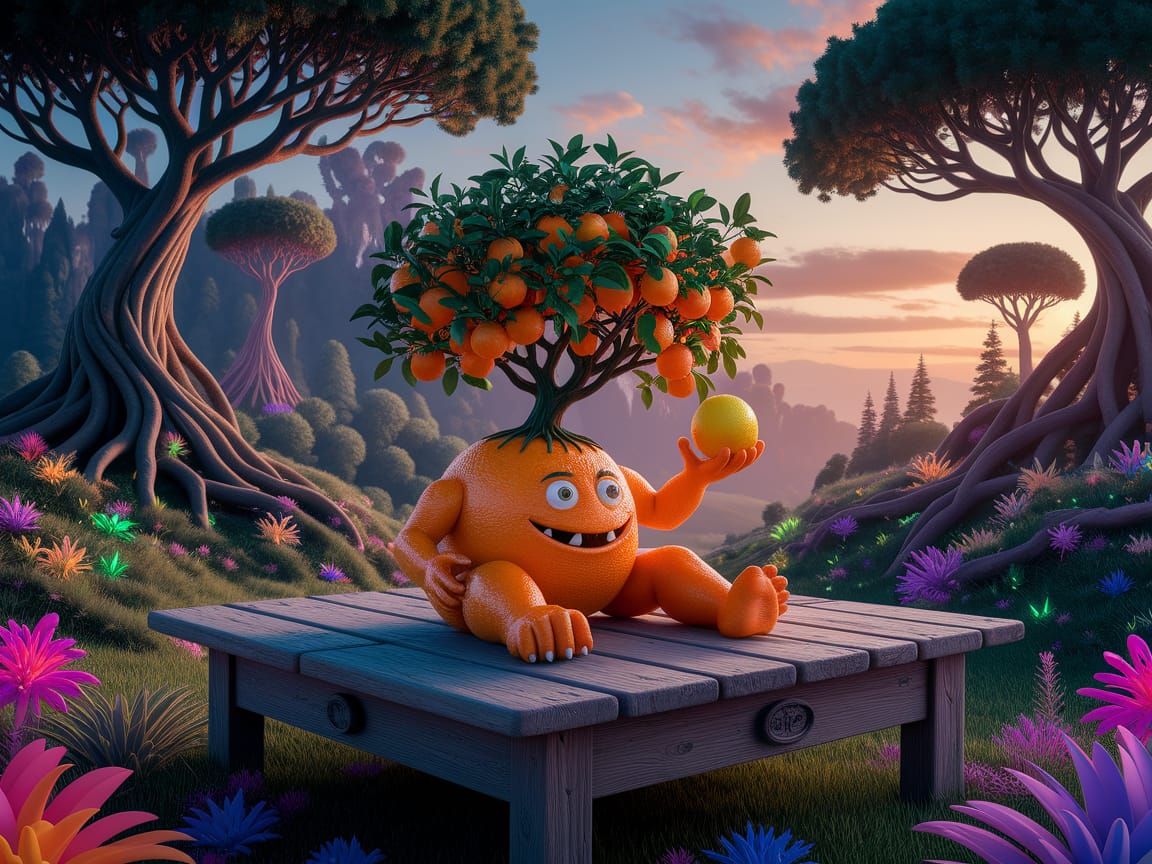 Surreal Orange Fruit Tree Monster in Dreamlike Landscape