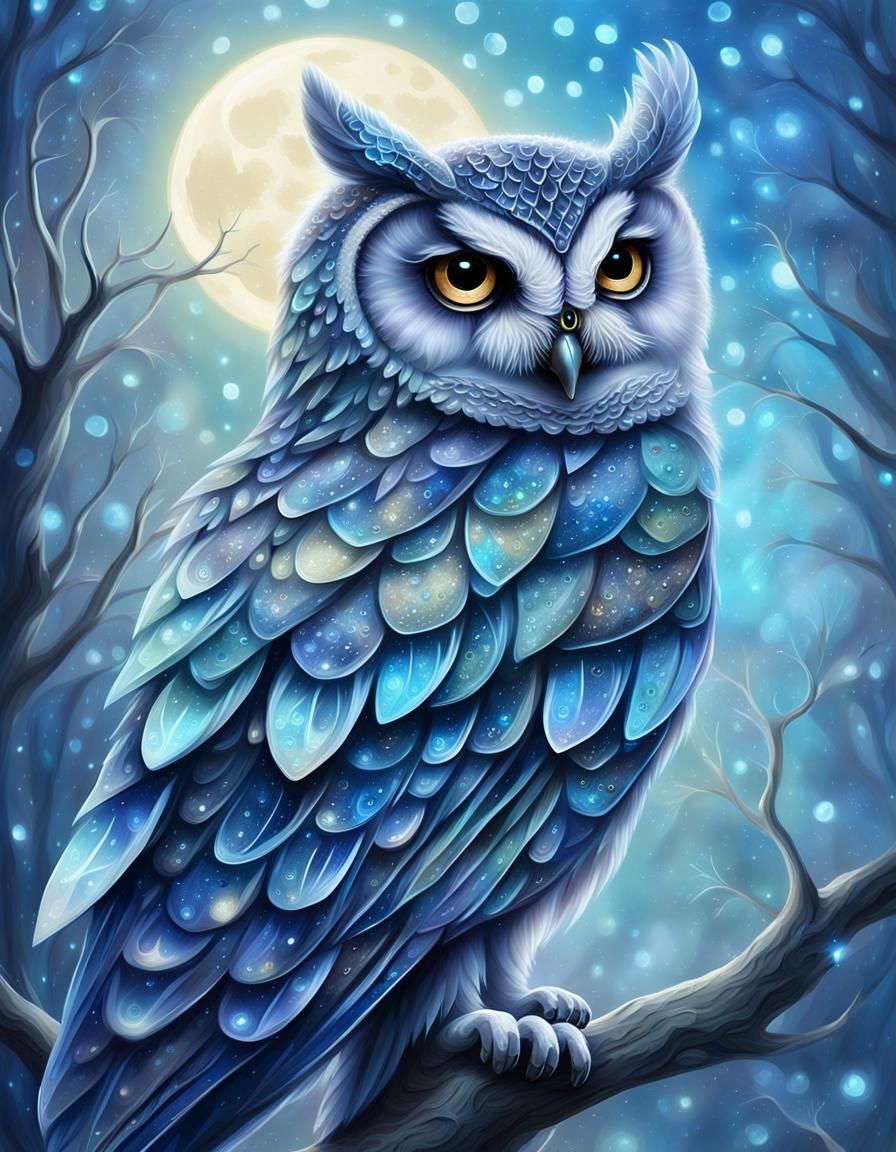 Close-up Owl Portrait with Diamonds in Digital Painting