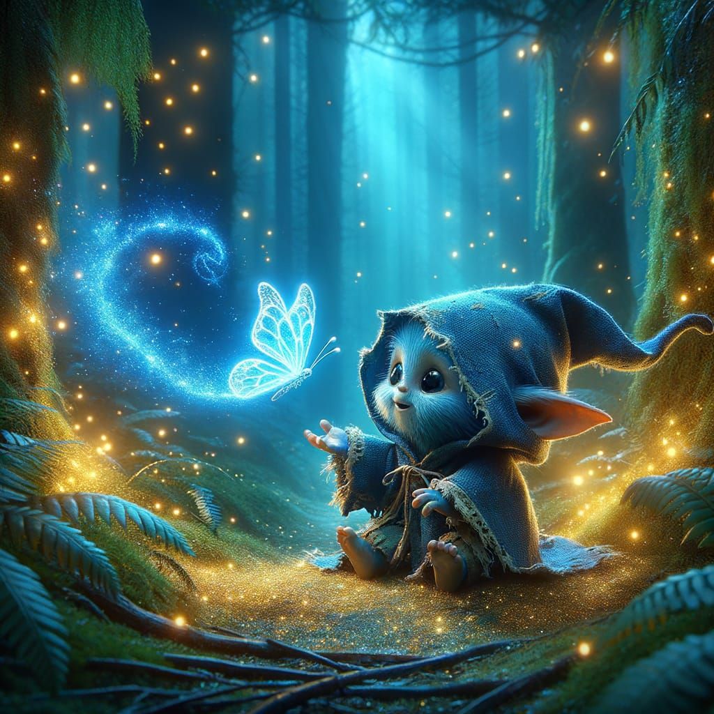 Endearing Goblin Chases Glowing Butterfly in Magical Forest