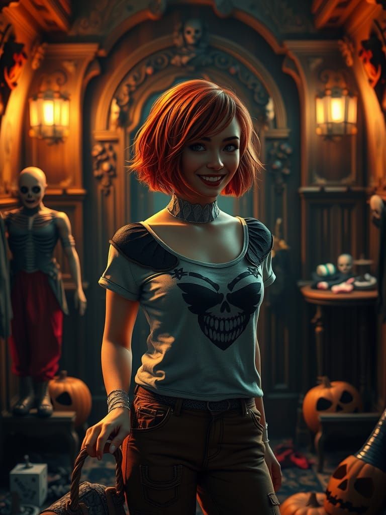 Auburn-Haired Woman in Halloween Costume, 3D Render