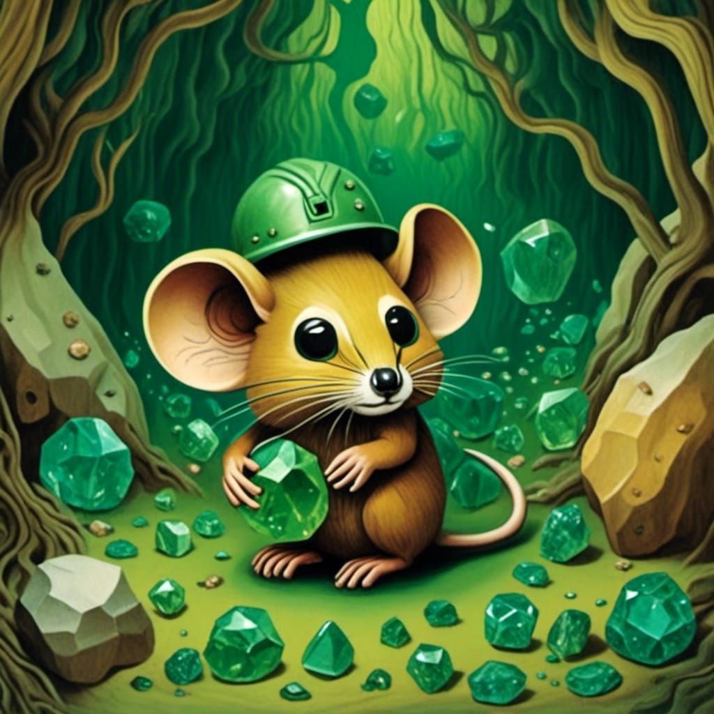 Cute Mining Mice in Gemstone Cave: Woodcut Style