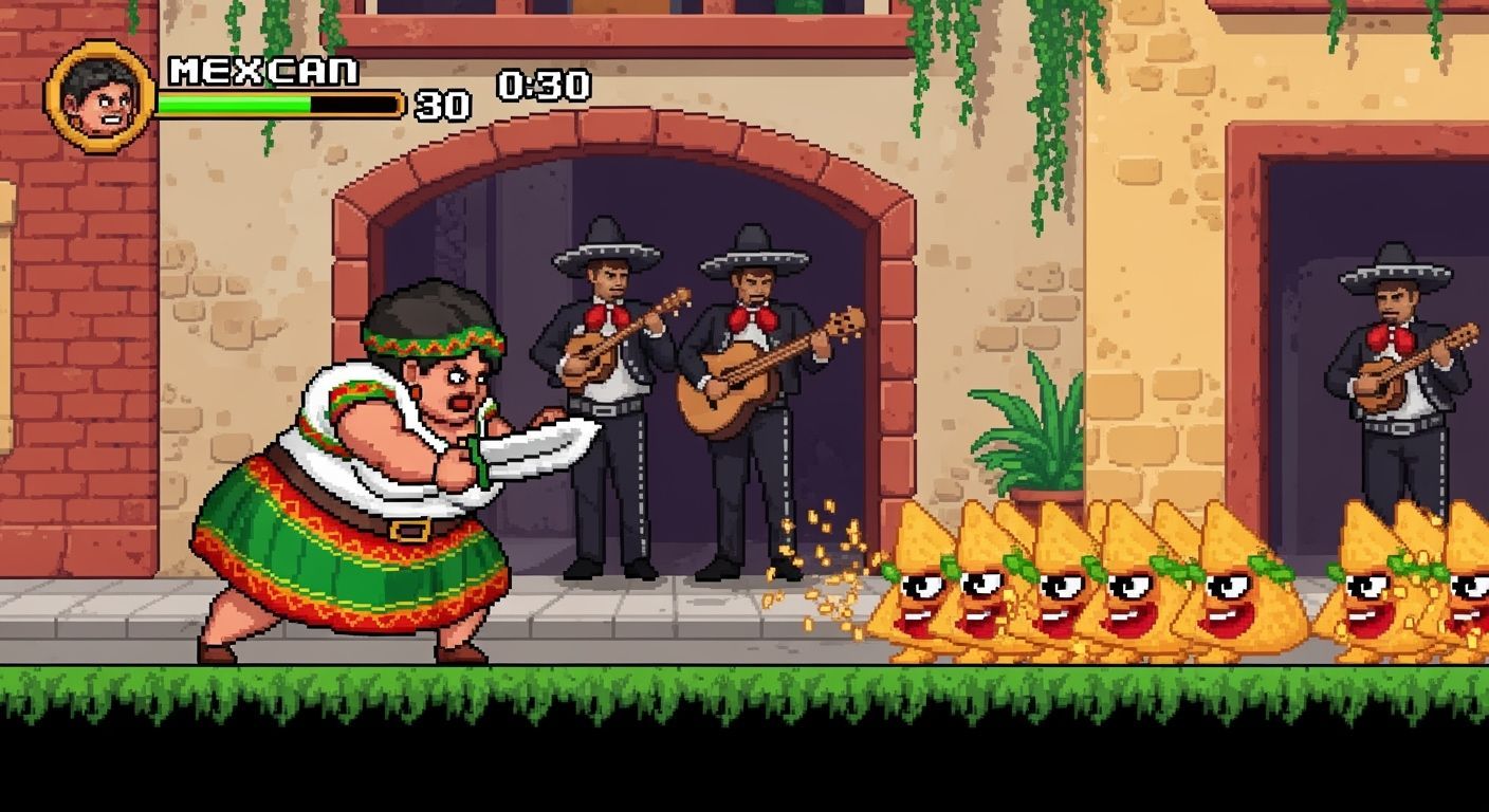Mexican Mama vs Evil Nachos in Pixel Art Style