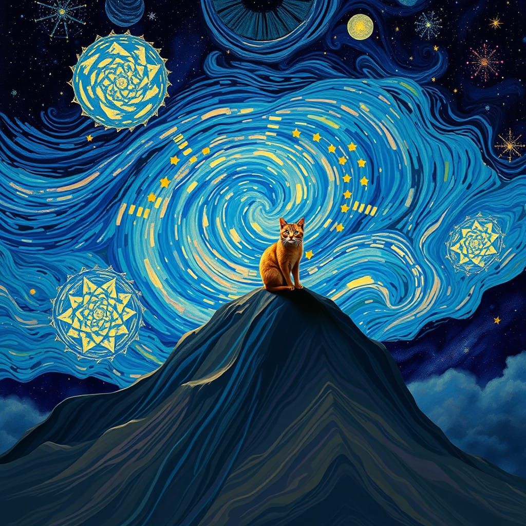 Whimsical Dreamcat Amidst Starry Mountains