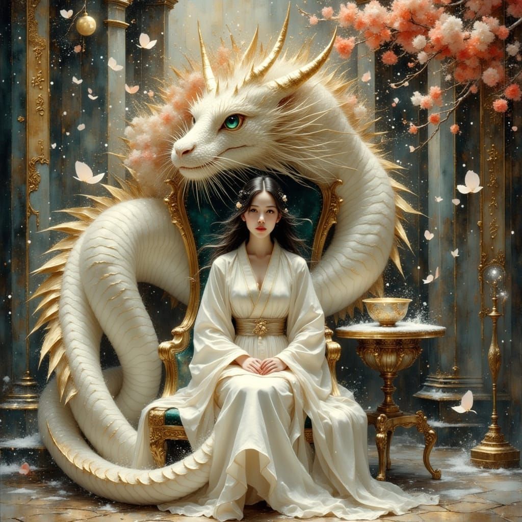 Japanese Fantasy Scene: Woman on Throne with Dragon
