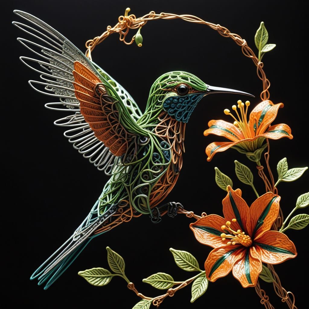 Hummingbird Sips Nectar in Twisted Wire Art Animation