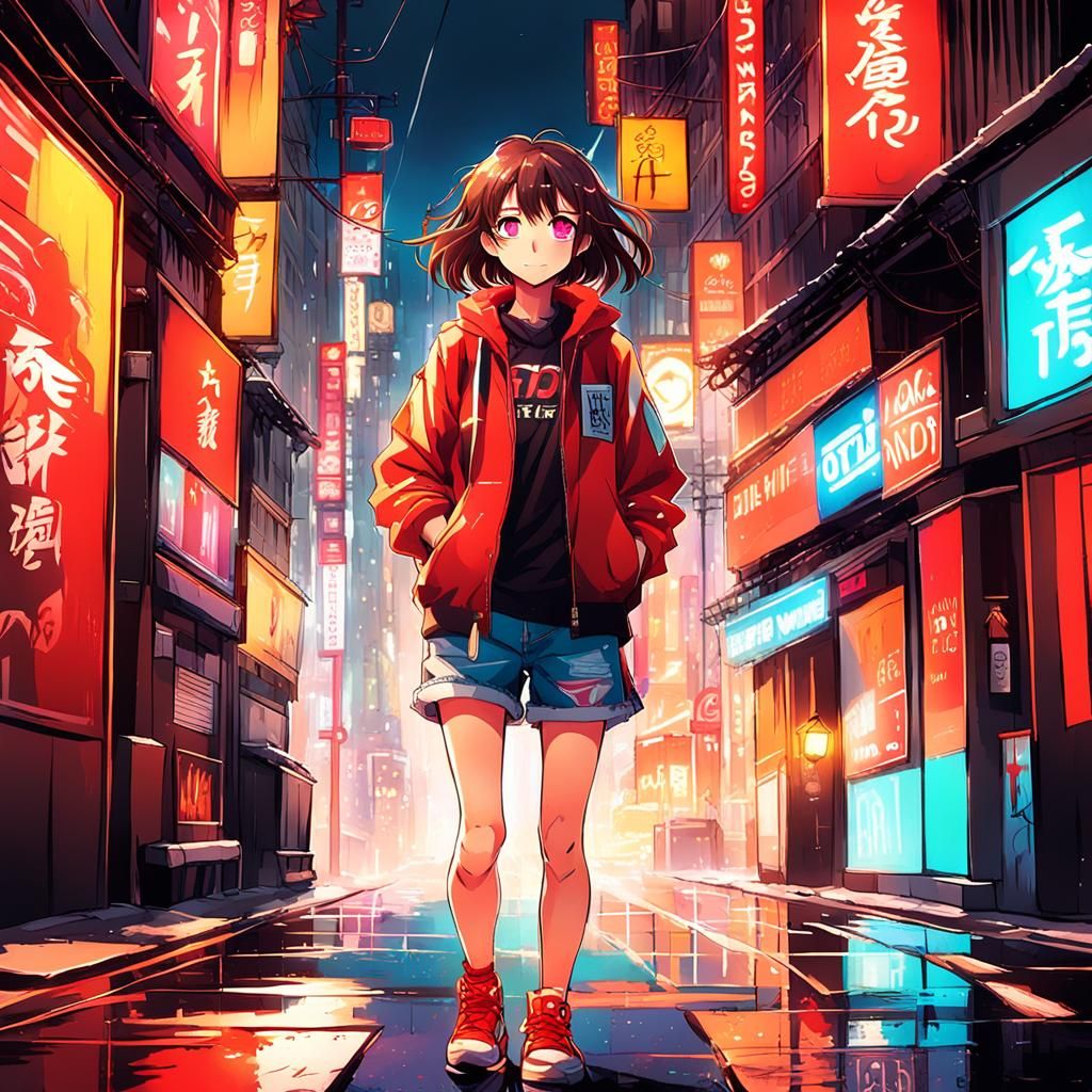 Anime Girl in City Street, Cel-Shaded Illustration