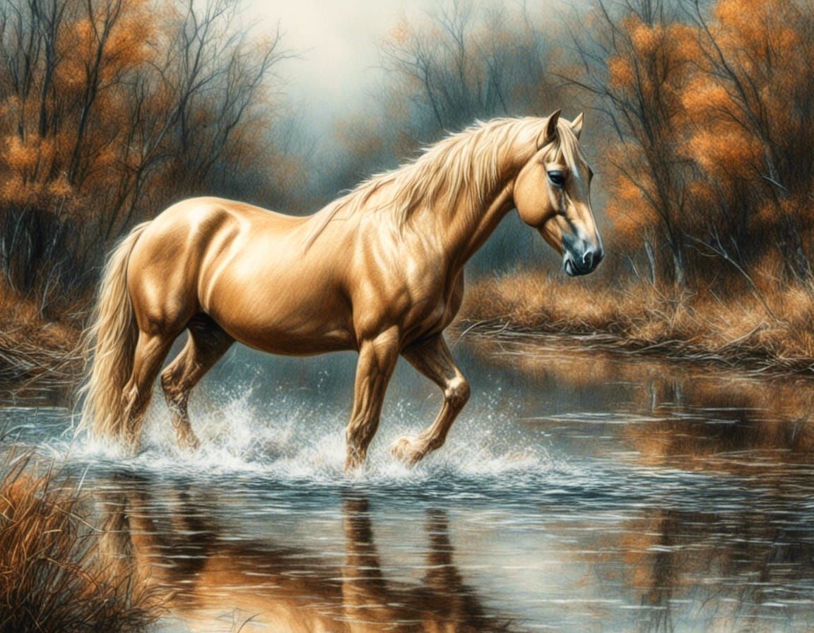 Horse walking in a river
