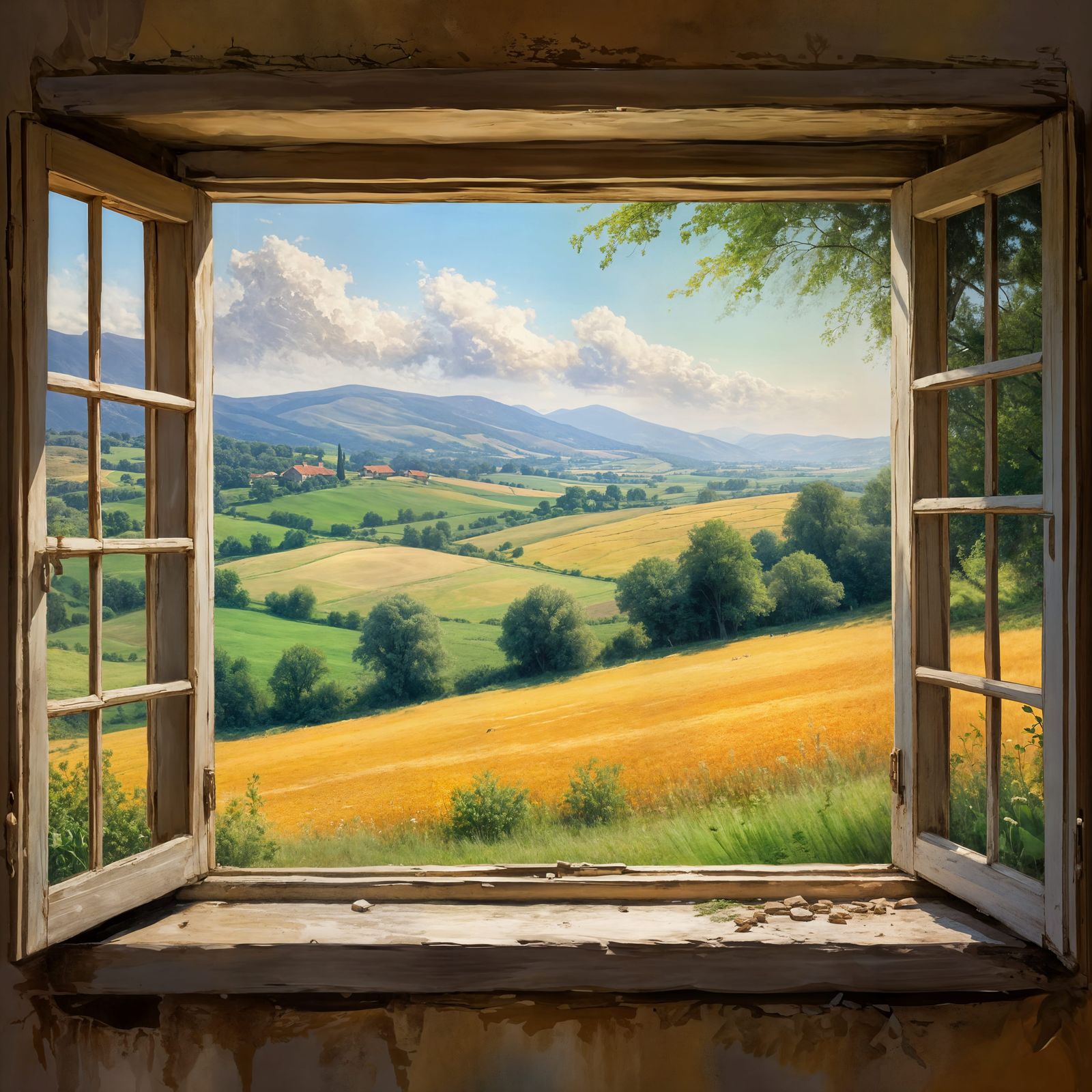 Serene Countryside View Through a Window