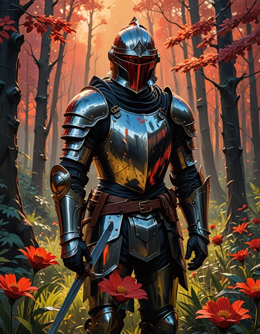 Detailed oil painting in dark fantasy style. A knight in shi...