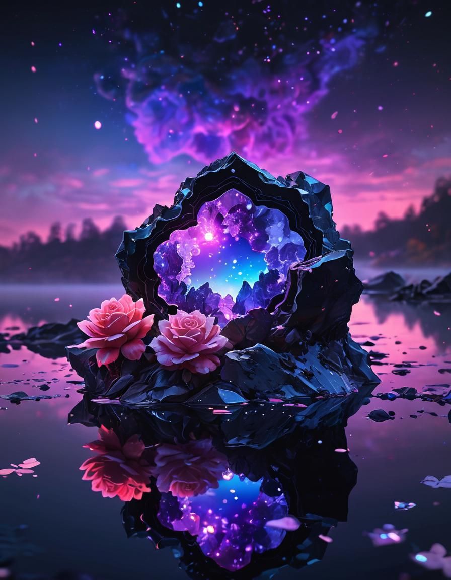 Holographic Crystal Geode on Reflective Lake