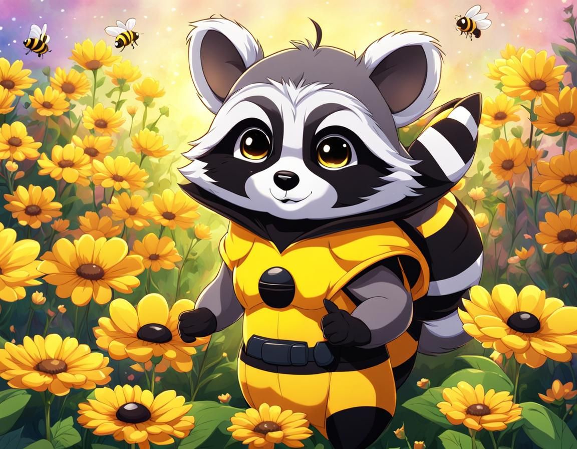 Cartoon Raccoon Bumblebee in Anime Style