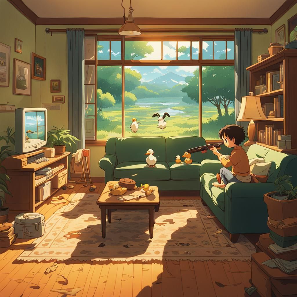 Family Game Night in Ghibli Anime Style