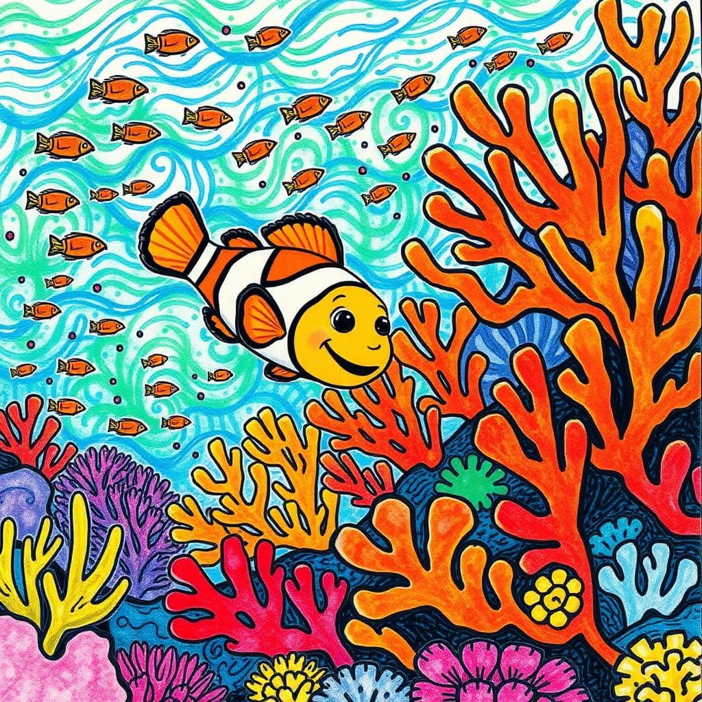 Colorful Coral Reef Illustration in Eric Carle Style
