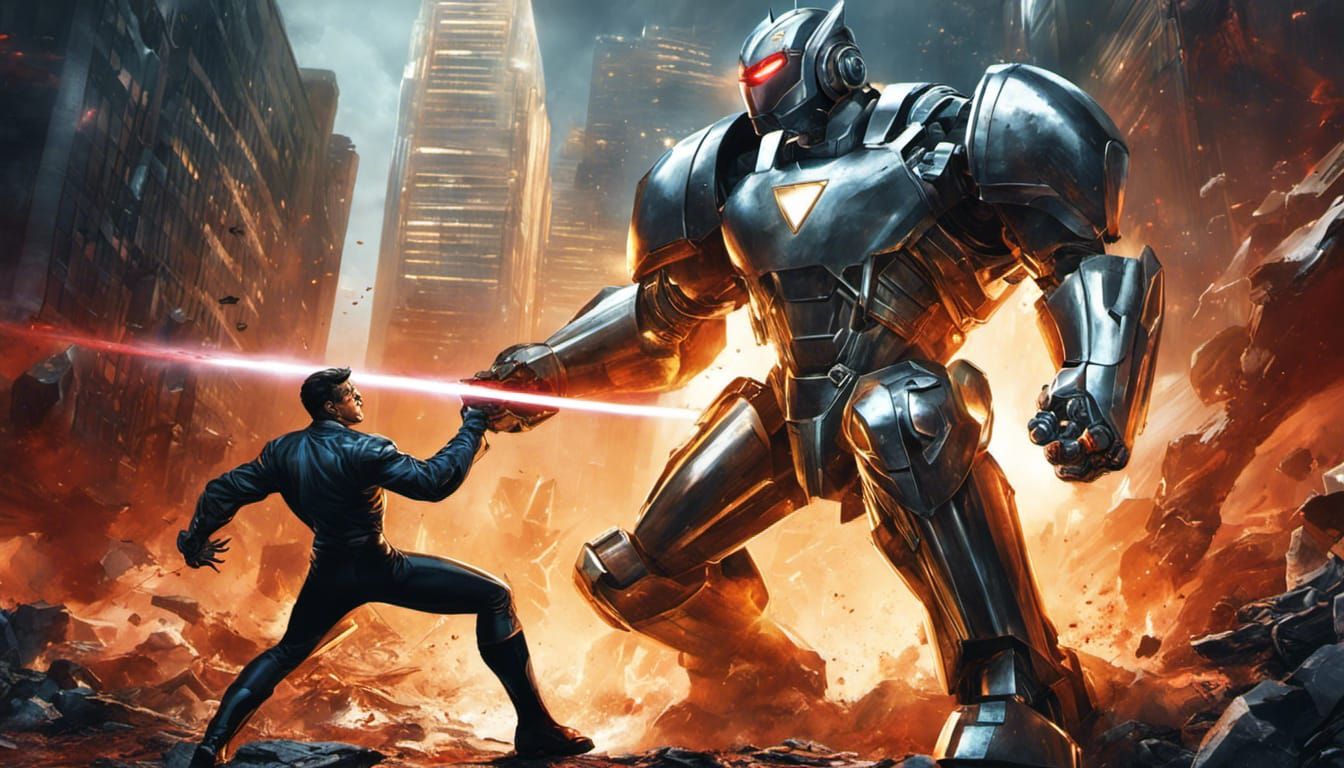 Superhero vs Giant Robot in Alex Ross Style