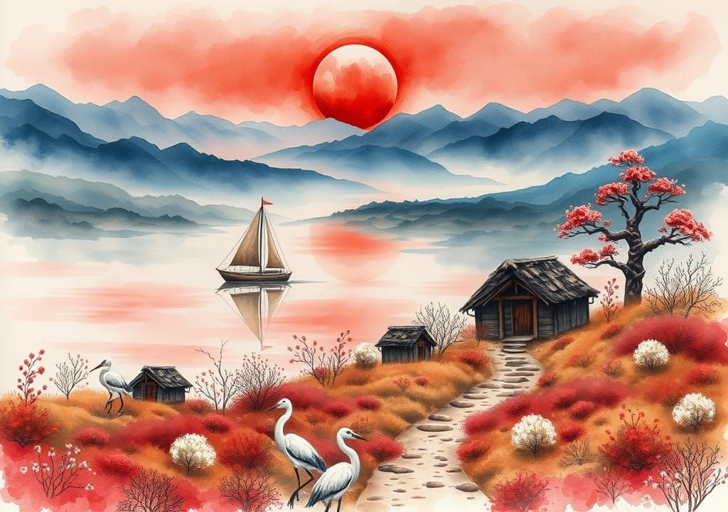 Sailboat on River: Detailed Watercolor Illustration