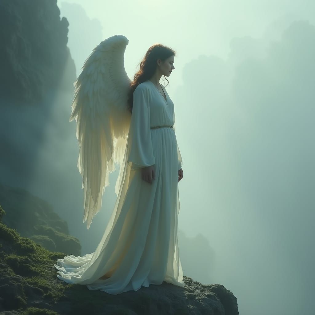 Ethereal Twilight Angel on Misty Cliff