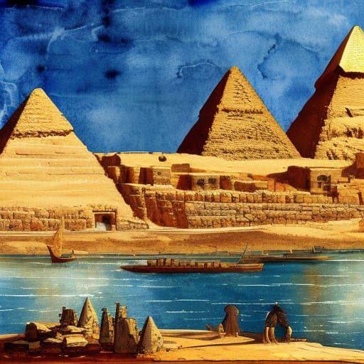 Egyptian Pyramids Landscape in Gouache Style
