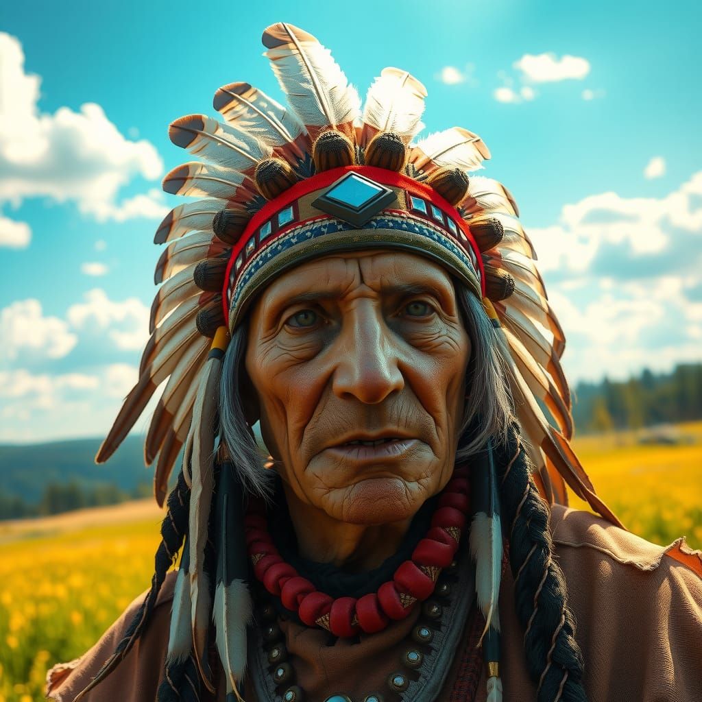 Native American Chief, male, late 90s, weathered face, wrink...