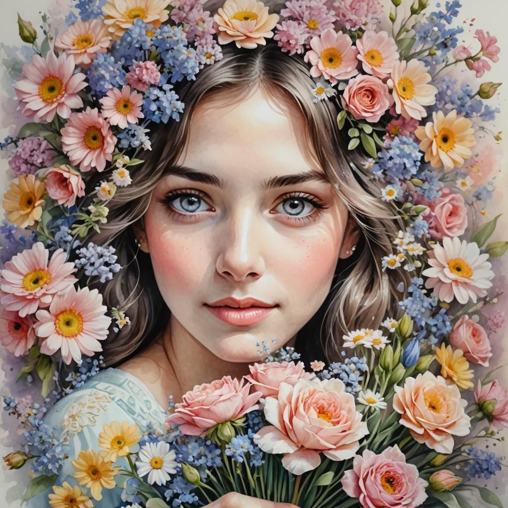 Girl with Flowers in Detailed Pastel Art