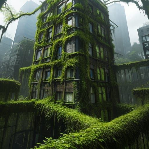 Abandoned Metropolis Overgrown with Verdant Vines and Lush M...