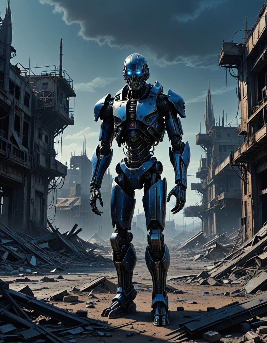 Cyborg Standing Alone in Post-Apocalyptic Ruin
